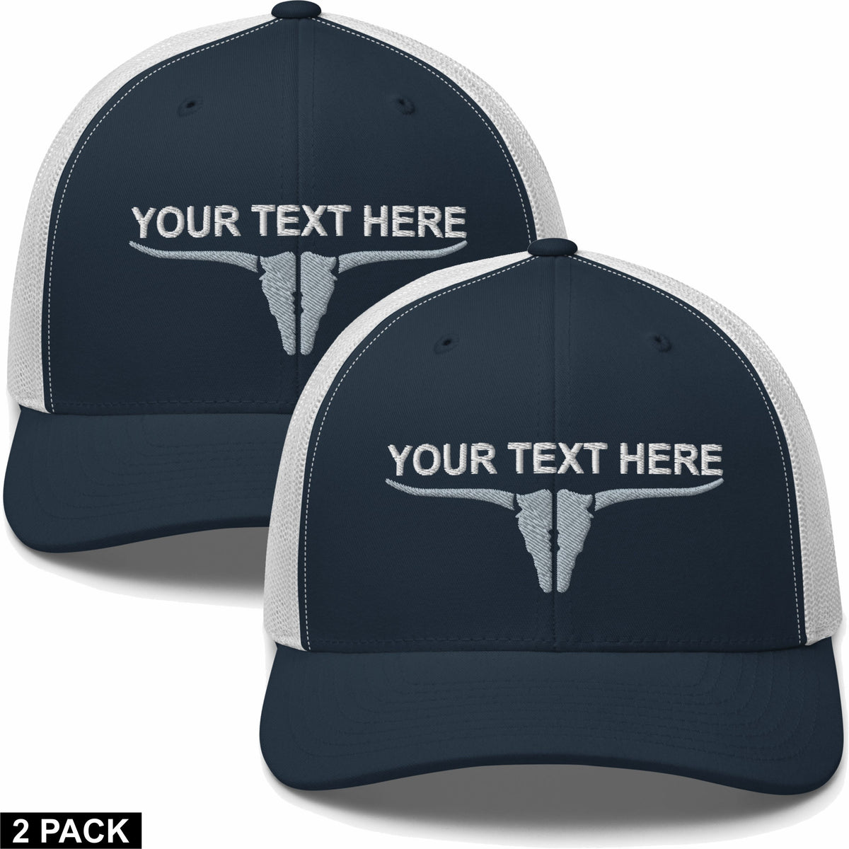 2 Embroidered Hats - Bull Skull Split - Your Text Here - Free Shipping