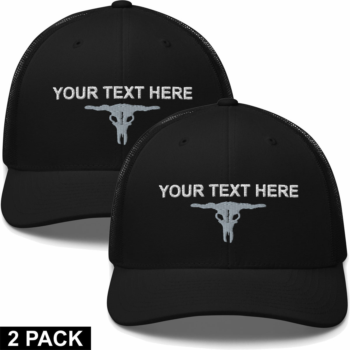 2 Embroidered Hats - Bull Skull - Your Text Here - Free Shipping