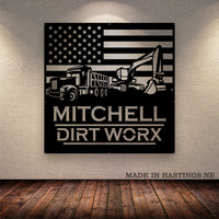 American Flag - Excavator - Dump Truck -  Metal Sign Monogram - Free Shipping