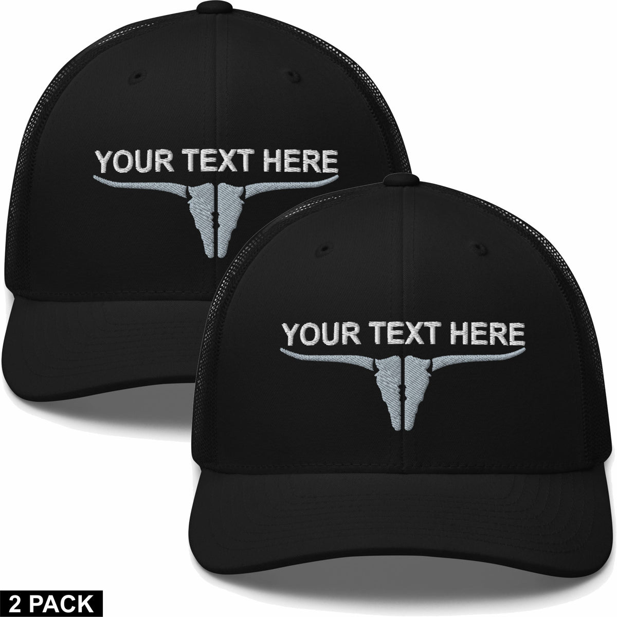 2 Embroidered Hats - Bull Skull Split - Your Text Here - Free Shipping