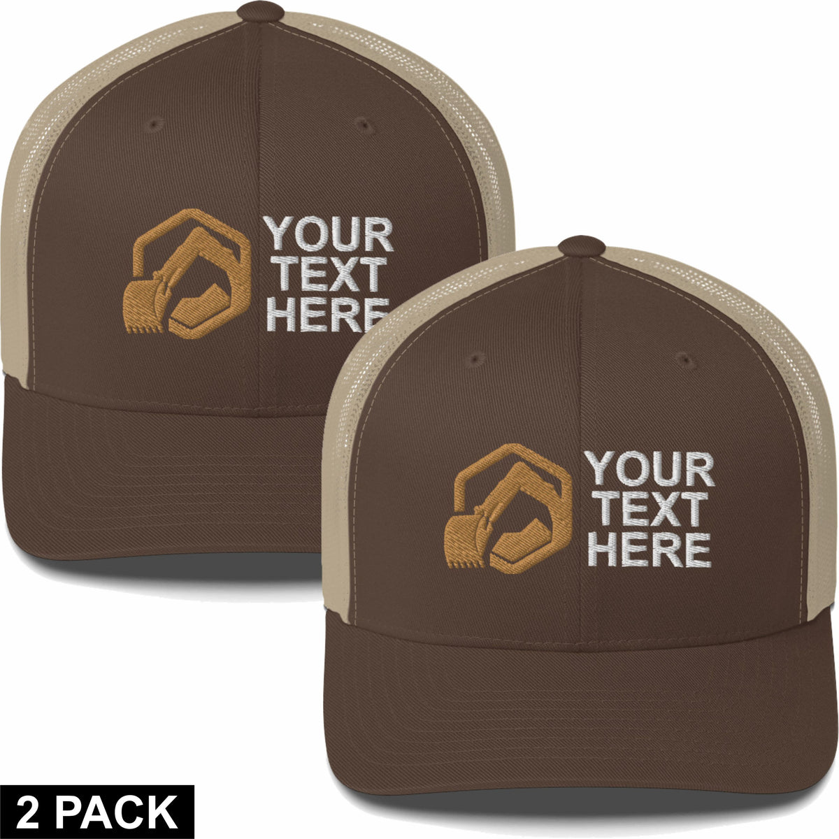 2 Embroidered Hats - Excavator Bucket Rock - Your Text Here - Free Shipping