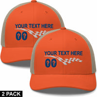 2 Embroidered Hats - Racing Stripe - Your Text Here - Free Shipping