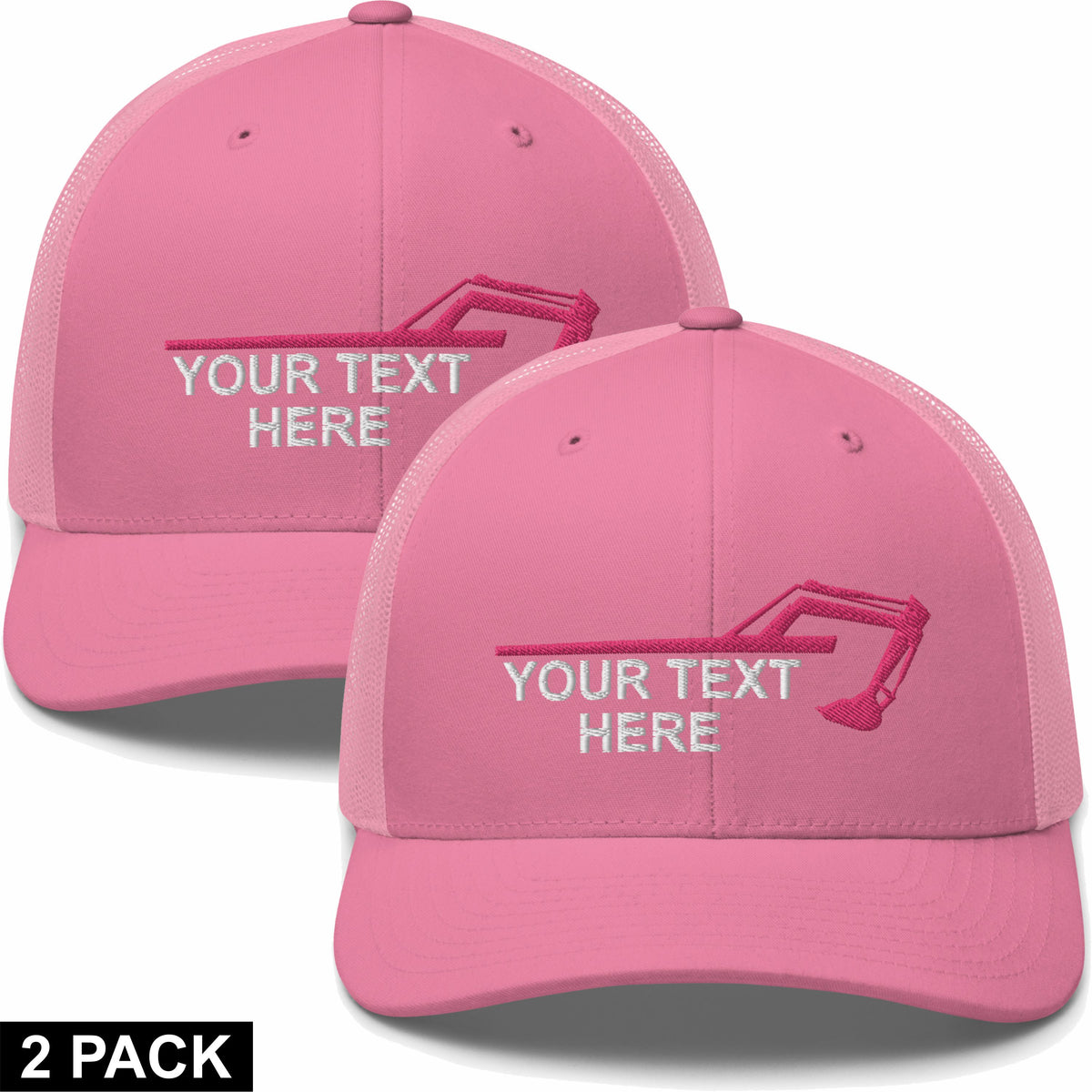 2 Embroidered Hats - Excavator Arm Bucket - Your Text Here - Free Shipping
