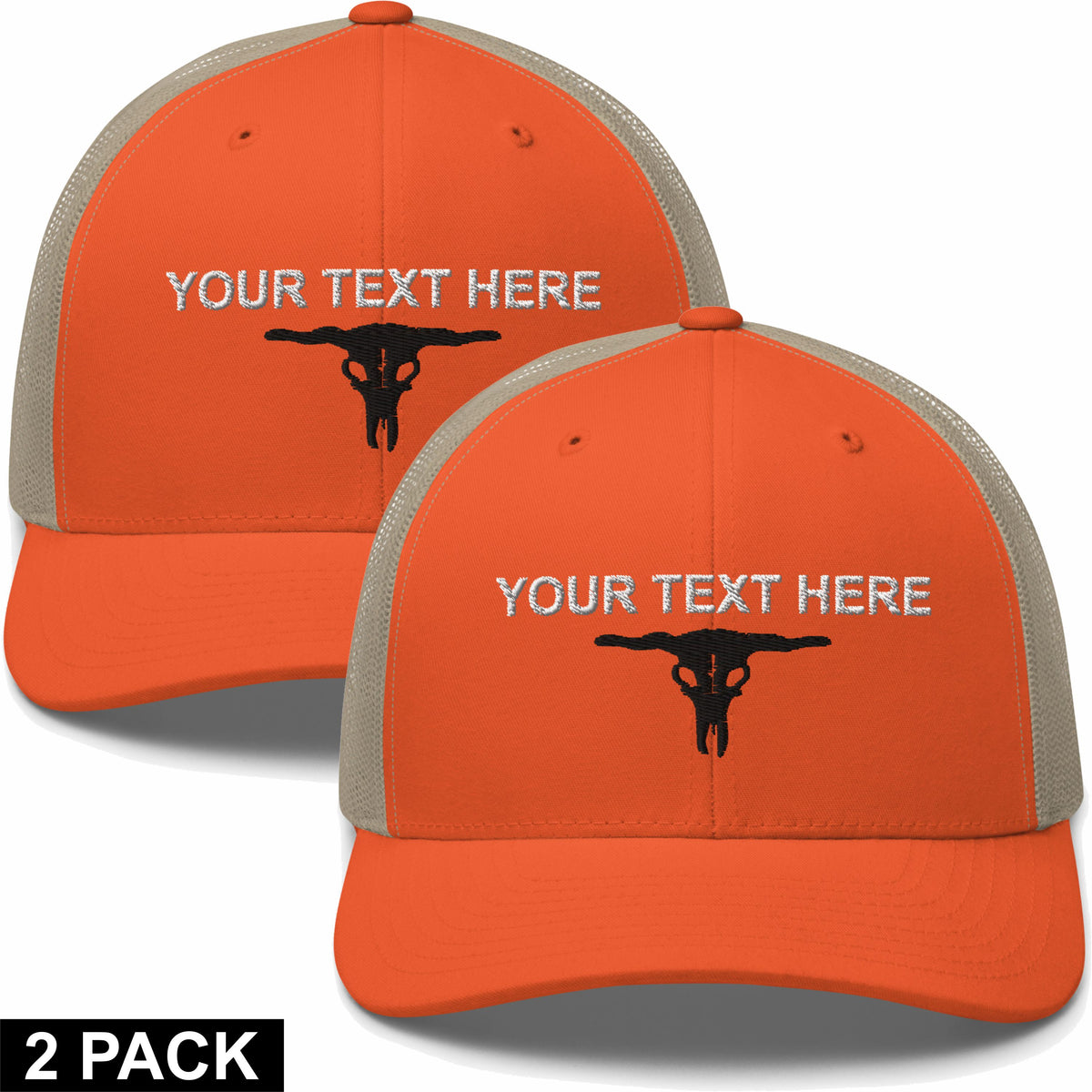 2 Embroidered Hats - Bull Skull - Your Text Here - Free Shipping