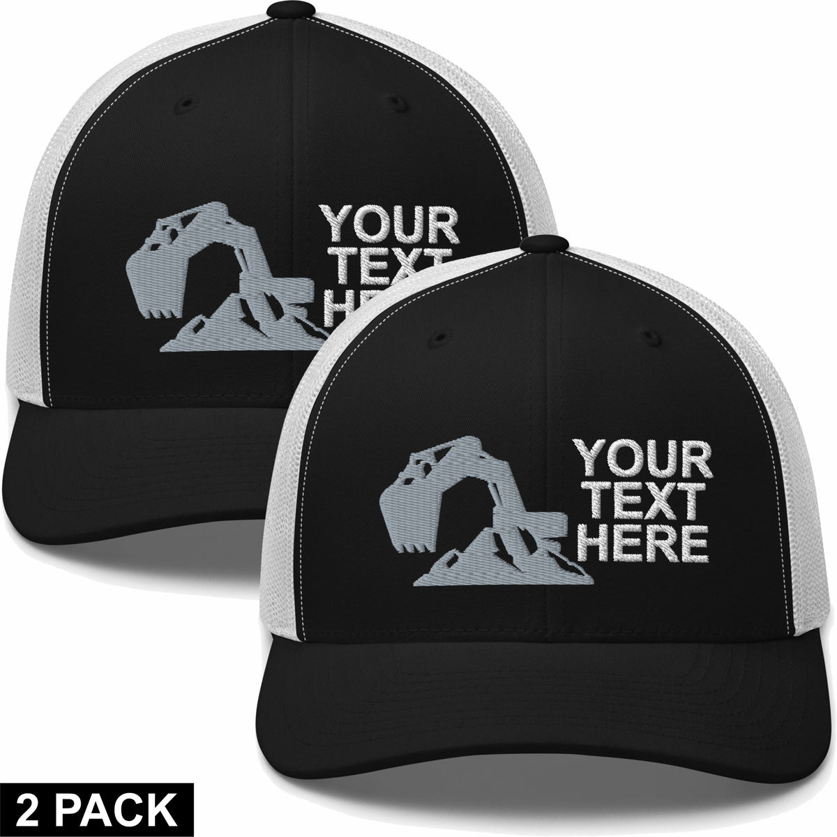 2 Embroidered Hats - Excavator - Your Text Here - Free Shipping