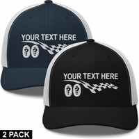 2 Embroidered Hats - Racing Stripe - Your Text Here - Free Shipping