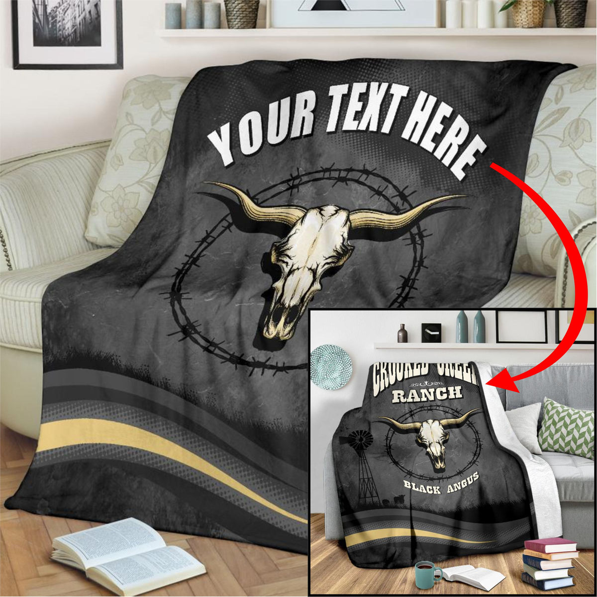 Bull Skull Barb Wire Your Text Here Micro Fleece Blanket  Free Shipping
