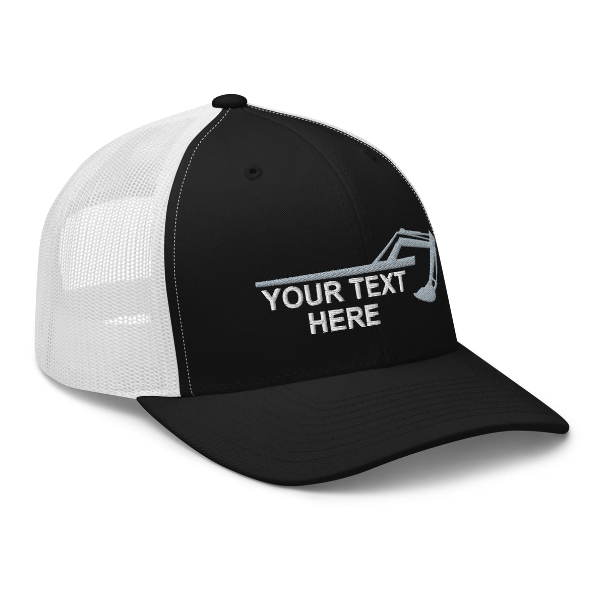 2 Embroidered Hats - Excavator Arm Bucket - Your Text Here - Free Shipping